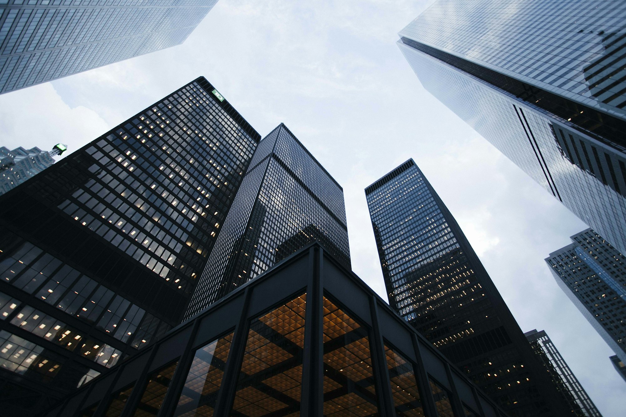 Financial district towers viewed from street level